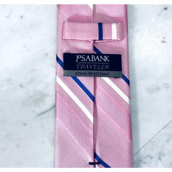 JOS A BANK Silk Tie Pink Blue Stripe Traveler Stain Resistant Necktie Preppy EUC - Picture 4 of 4